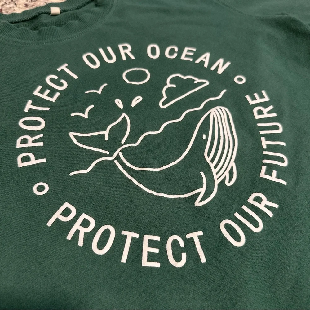 Green Size S “Protect Our Ocean Protect Our Future” Pullover Crewneck Sweater - Picture 2 of 5